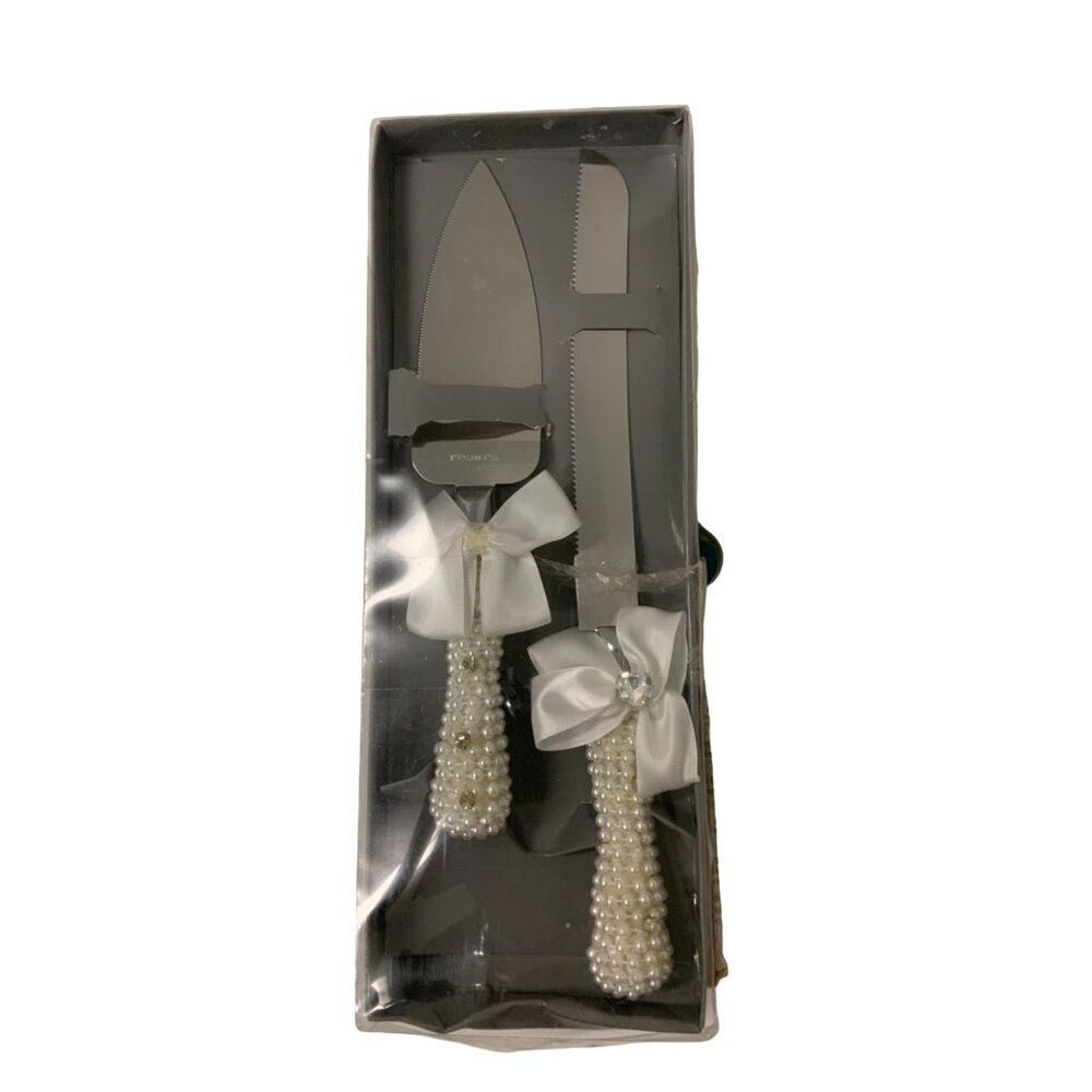 Pearl Handle Wedding Cake Knife & Server Set With White Ribbon Details